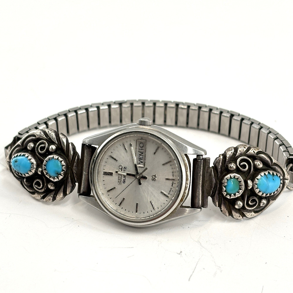 Vtg Seiko Quartz Watch Sterling Silver Turquoise Watch Tips Southwestern Navajo